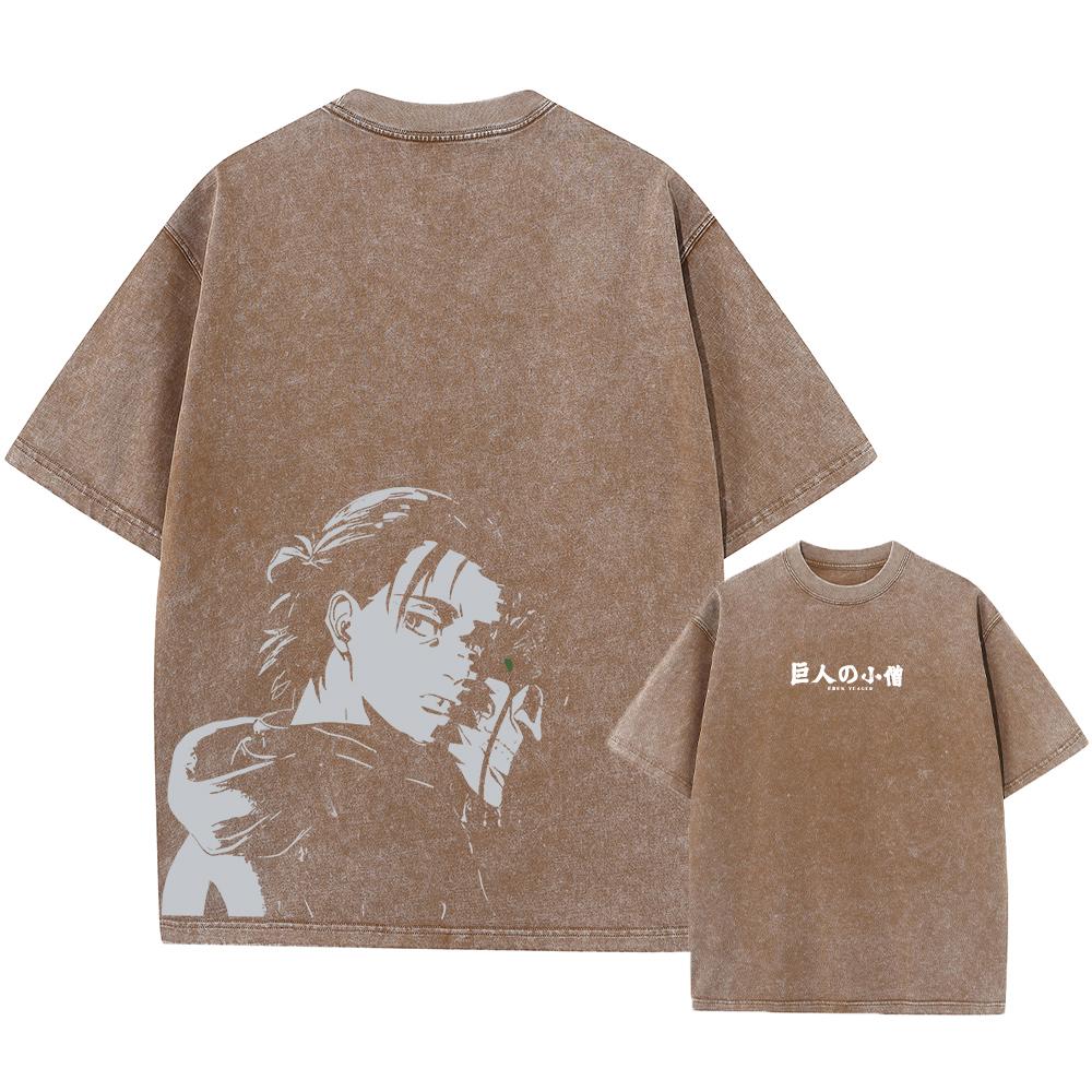 Футболка с принтом «Атака титанов» в стиле аниме, кислотная стирка, короткие рукава, уличные топы, винтажные футболки больших размеров для мужчин в стиле манга