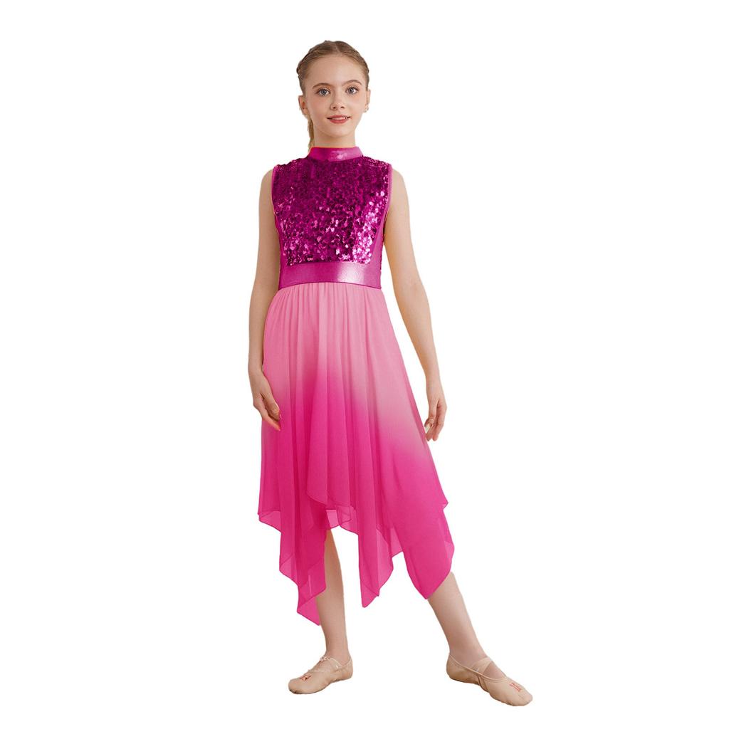 Girls Worship Dance Dress Mock Neck Sleeveless Asymmetrical Hem Shiny Sequins Bodice Liturgical Costume