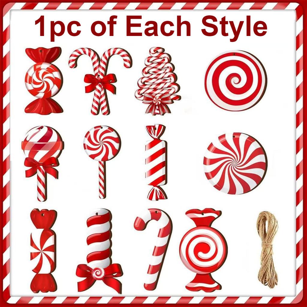 12/24pcs Red White Christmas Candy Cane Wooden Ornaments Hanging Peppermint Cane Pendants for Christmas Tree New Year Home Decor
