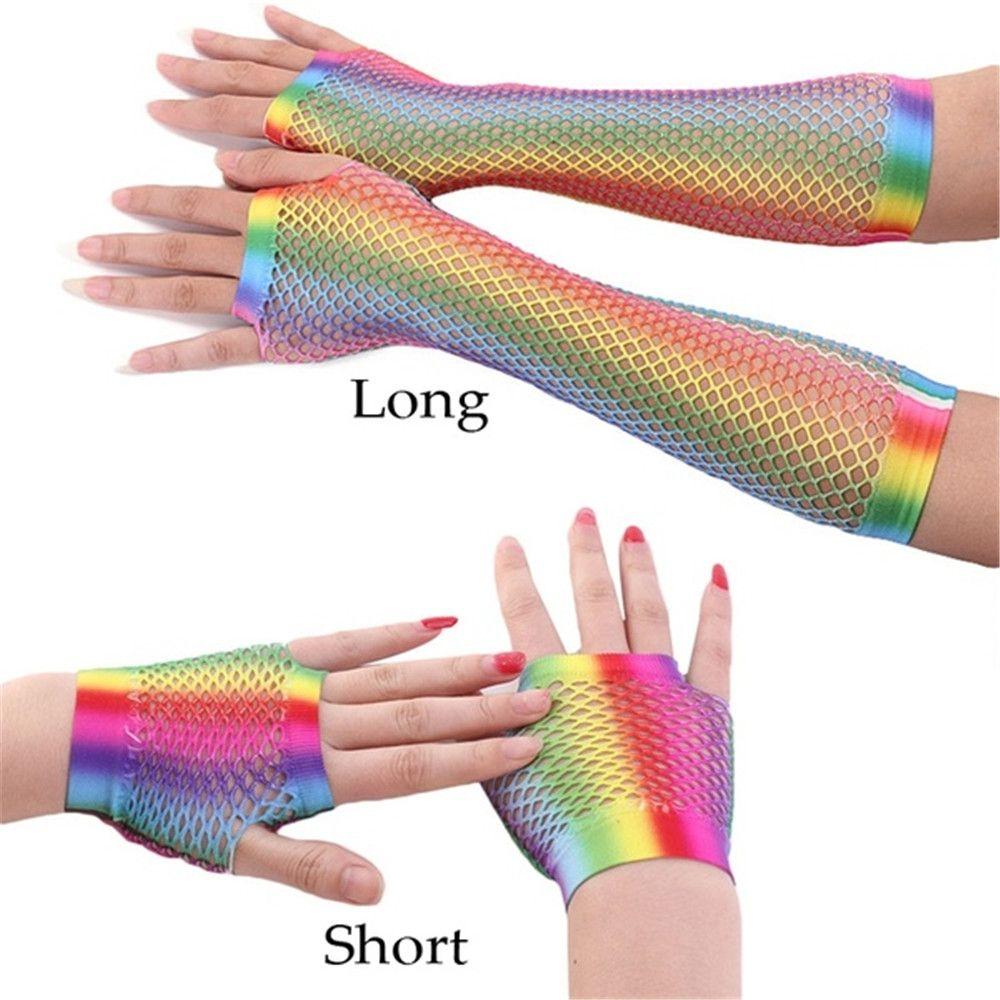 New Wedding Party Colorful Fingerless Mesh Net Disco Dance Hollow Out Holes Gloves Rainbow