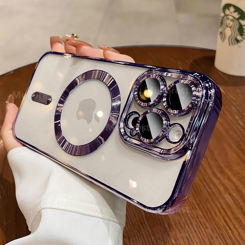 Luxury For Magsafe Magnetic For iPhone 16 15 14 13 12 11 Pro Max Plus Transparent Pink Soft Plating Lens Protection Case Cover