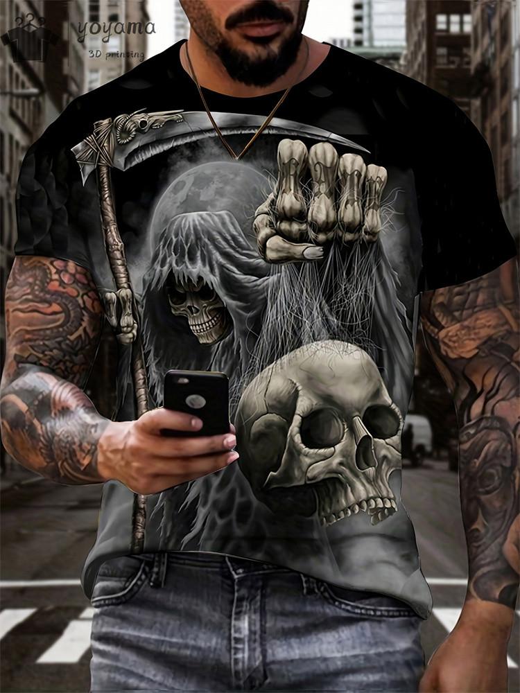 Punk Style Etro Men's T-shirt Horror Skull 3D Print T-Shirt Summer Crew Neck Short Sleeve Fashion Oversized Tees Men' Clothing