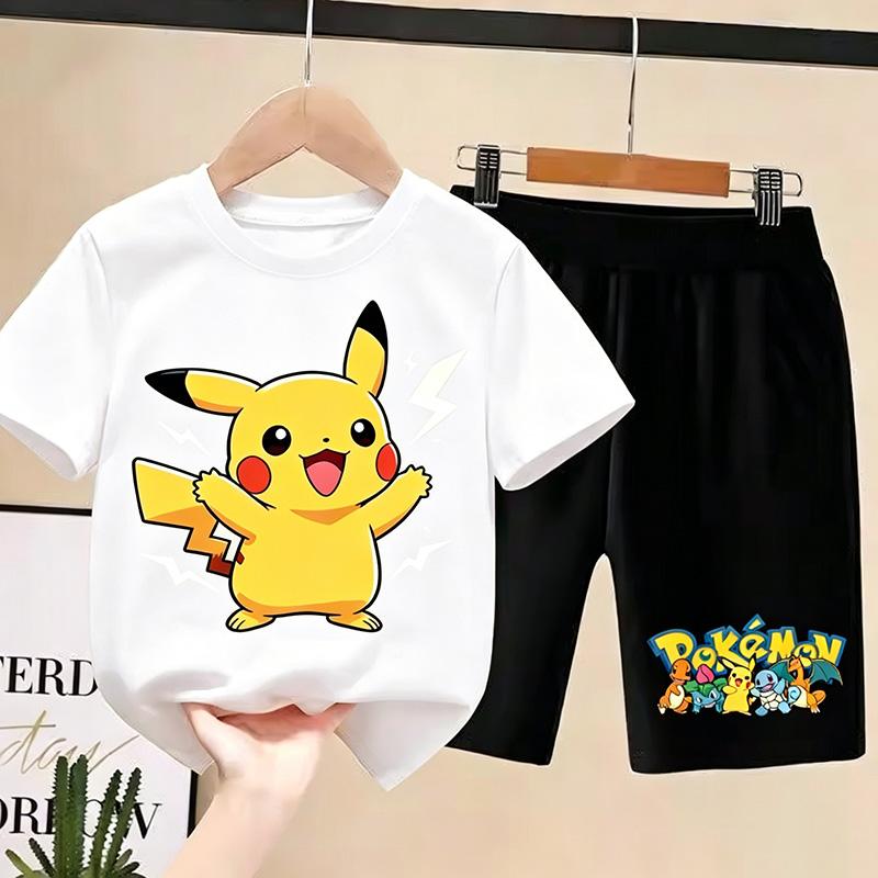 Футболка Пикачучу Детская Мальчики Девочки 2026 pokemon Летняя Футболка с коротким рукавом и Шорты Комплекты из 2 предметов Наряды для Малышей Девочек Детский Повседневный Спортивный Костюм