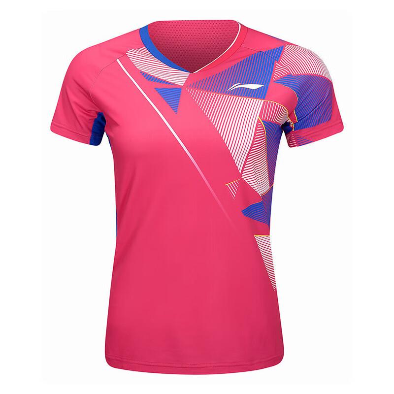 Li Ning Badminton Series Striped Color Block V-Neck Comfortable Breathable Short Sleeve Badminton Shirt Women Tops Bright-Pink AAYU140-3