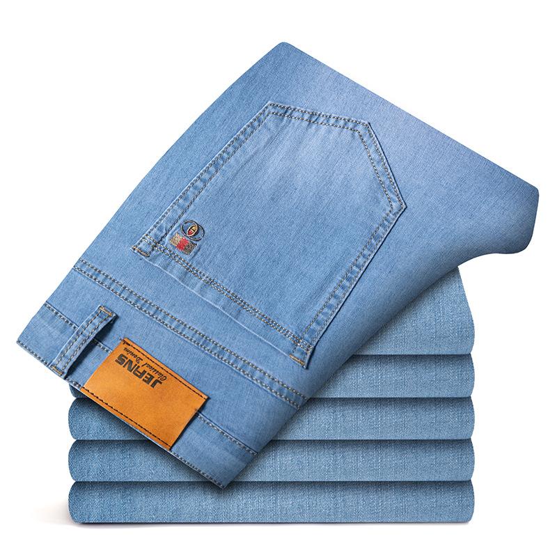 Модные мужские джинсы большого размера, летние тонкие эластичные голубые прямые свободные повседневные длинные брюки