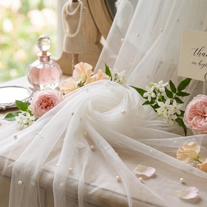 Pearl Tulle Table Runner, White Wedding Arch Sheer Drapes for Birthday Party Backdrop Wedding Headscarf, DIY Wedding Dress Decor