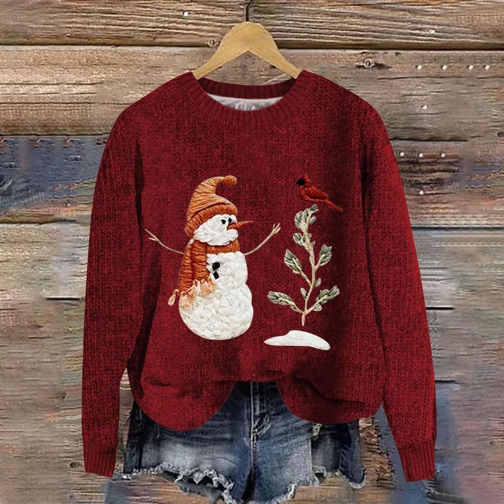 Женская мода повседневный длинный рукав рождественский принтованный воротник шерстяной трикотажный пуловер топ