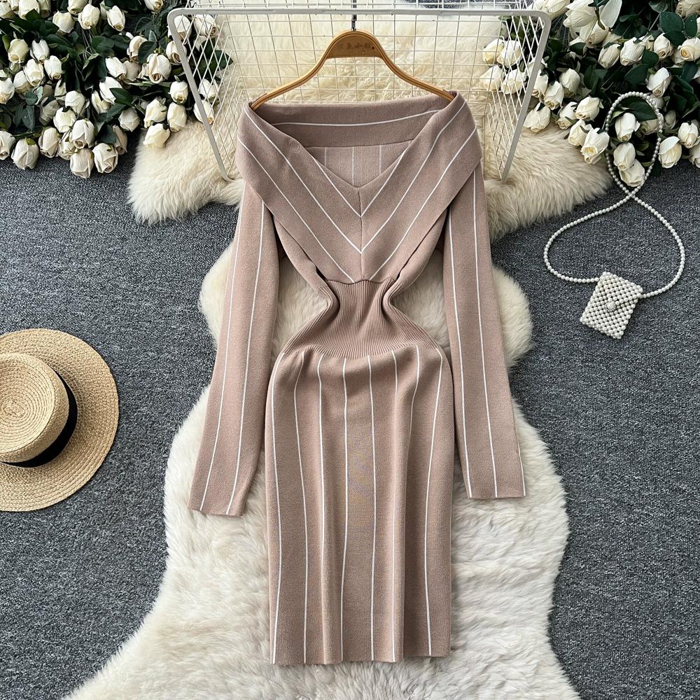 Осень Зима Женский Повседневный Вязаный Свитер с V-образным вырезом и длинным рукавом в полоску, Облегающее Платье-футляр