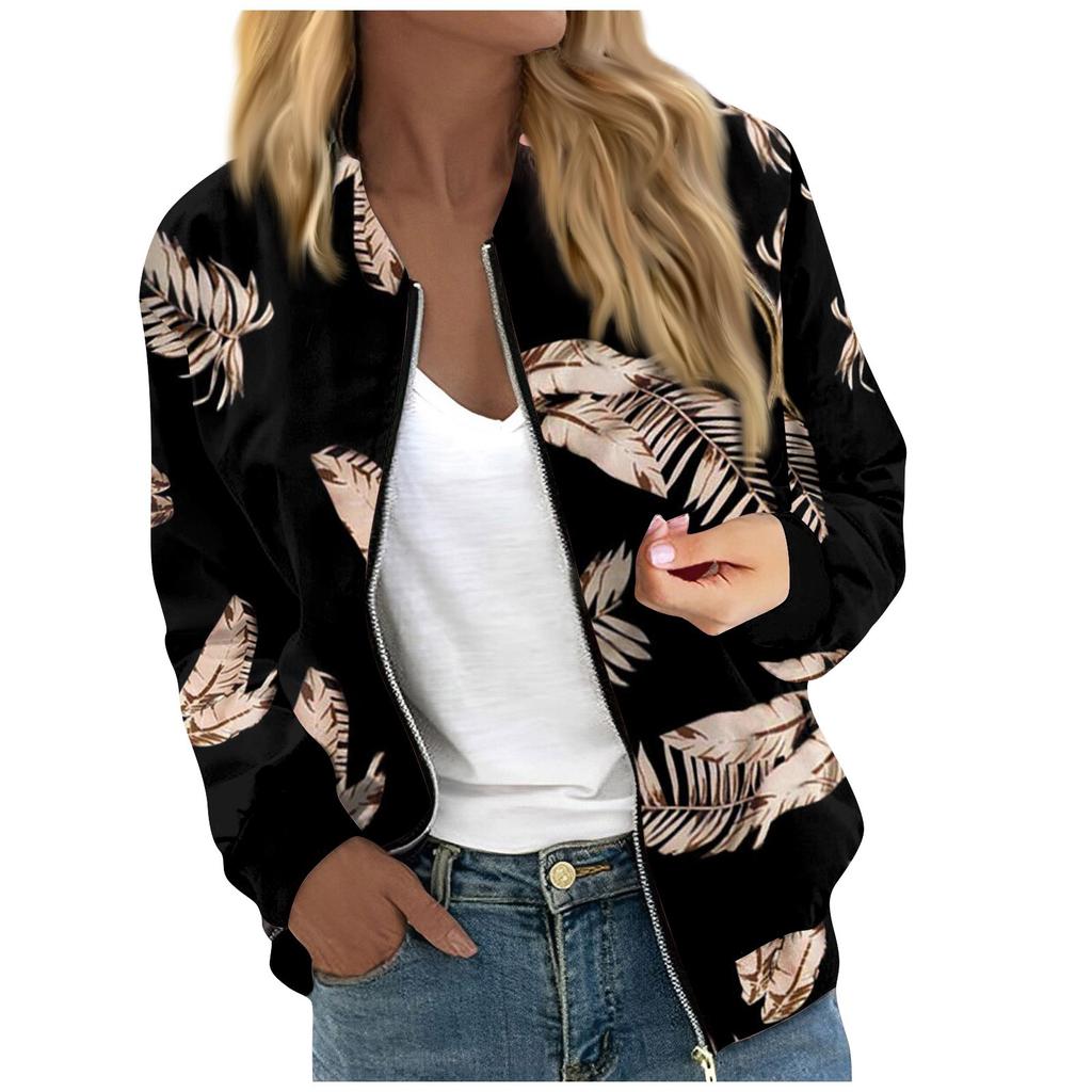 Куртки для женщин, легкие укороченные куртки с длинным рукавом на молнии, модная верхняя одежда с цветочным принтом, повседневные стеганые куртки с карманами