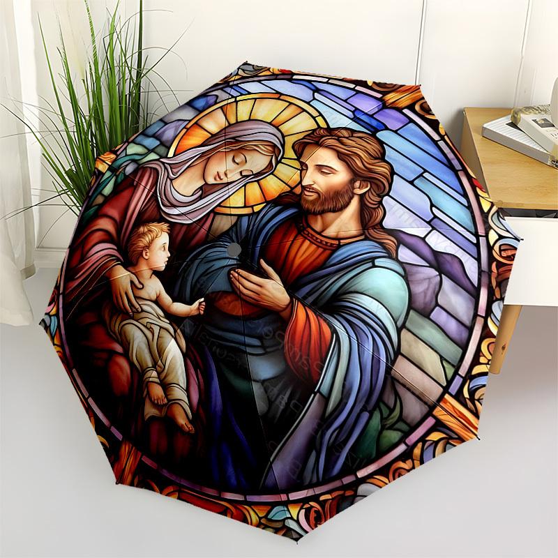 1pc Stained Glass Nativity Scene with Automatic Opening Umbrella, Portable Tri-Fold Design, 8-Bone Iron Frame Outdoor Umbrella, Perfect Gift for Fans,