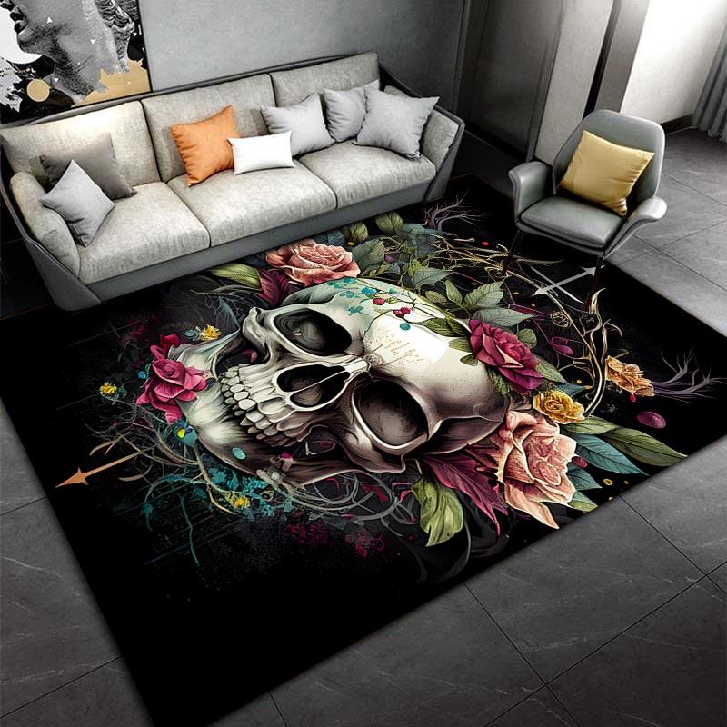 Floral Skull Print Carpet with Roses and Vintage Artistic Style Design Suitable for use as an anti-slip for living room bedroom sofas