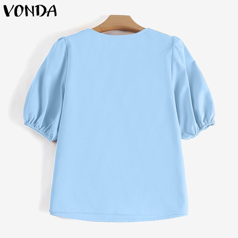 VONDA Women Summer V-Neck Puff Short Sleeve Blouses