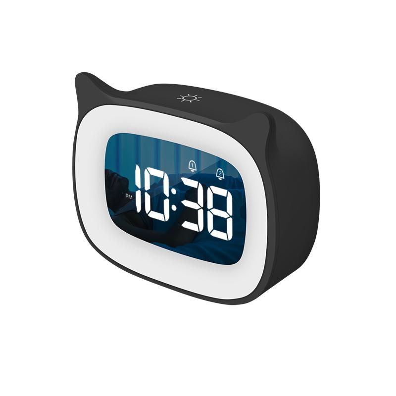 Kids LED Alarm Clock Night Light Stepless Dimming Cute Cat Ear Digital Clock Bedroom Bedside Electronic Desktop Clock Music Wake Up Children