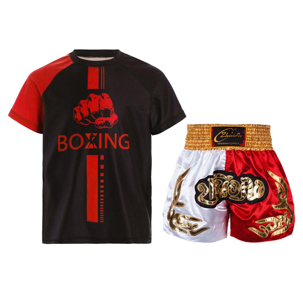 Boys Boxer Training Set Color Block Patchwork T Shirt Round Neck Short Sleeve Athletic Top Boxing Shorts