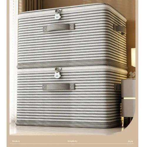 26 L Foldable Storage Organizer Box - Gray Striped Non-Woven Fabric Collapsible Bin with Lock for Bedroom Closet Clothing Toys Quilts Magazines