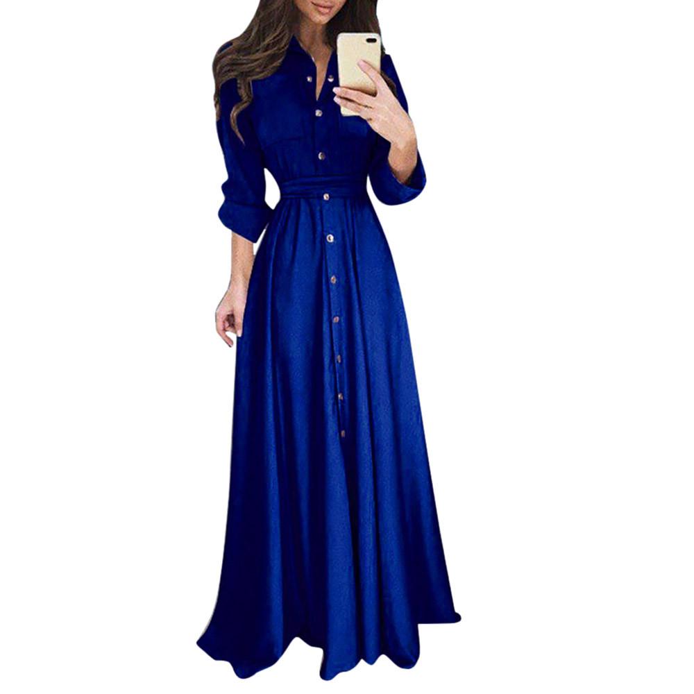 Womens Lady Casual Fashion Long Sleeve Lapel Maxi Long Dress Solid Shirt Dress