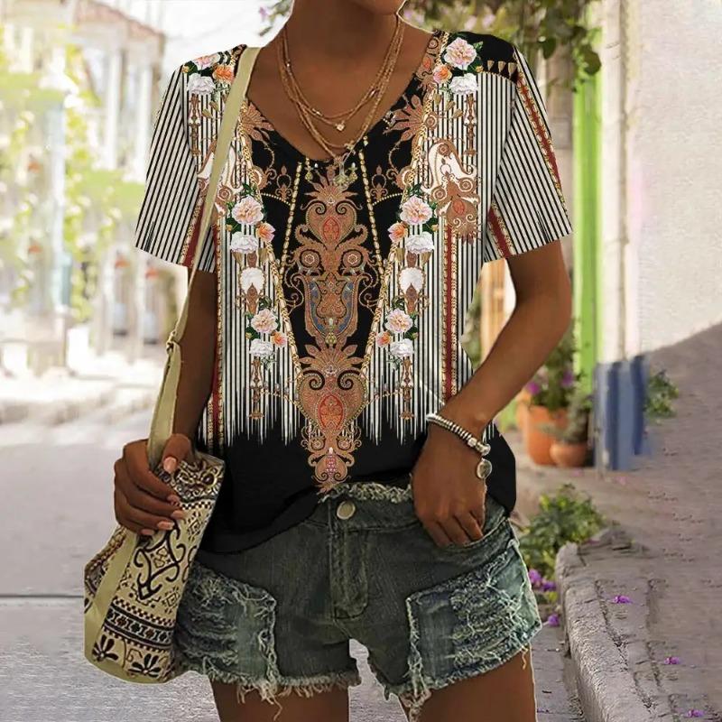 Bohemian Floral 3D Print T-Shirts Women V-Neck Short Sleeve T Shirt Streetwear Y2k Tops Harajuku Oversized Tees Woman Clothing