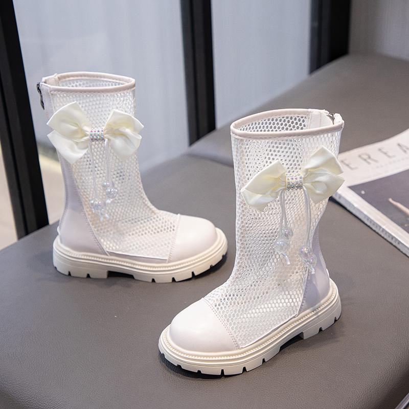 Летние сандалии для девочек, детские высокие сетчатые туфли с дышащими вырезами и подвеской в виде банта, милые детские гладиаторы для принцессы