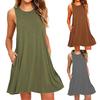 Women Dress Sleeveless Round Neck Cloth Simple Solid Color Midi Dress for Summer