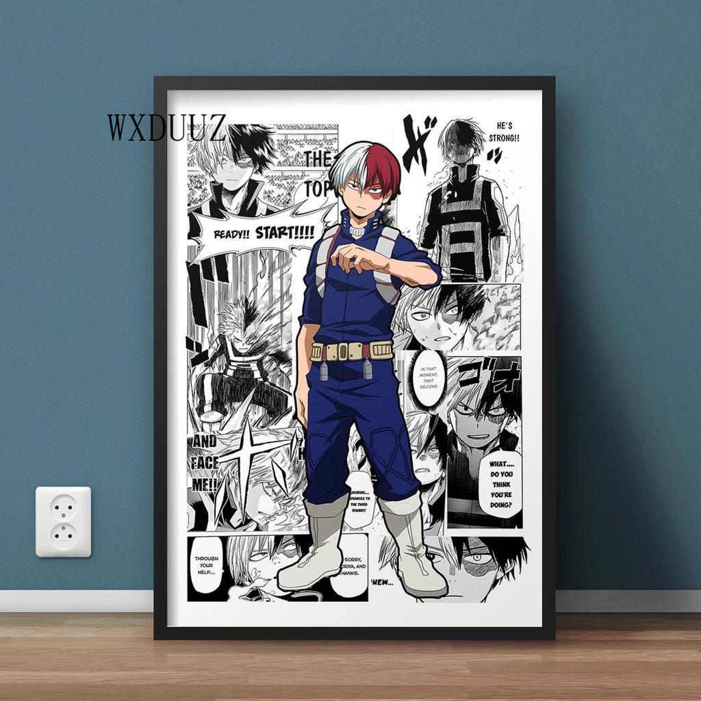 Винтажный аниме-фигурка «Мой герой Академии», черно-белый постер Izuku/Shoto, настенное искусство Kawaii, домашний декор, холст, постеры