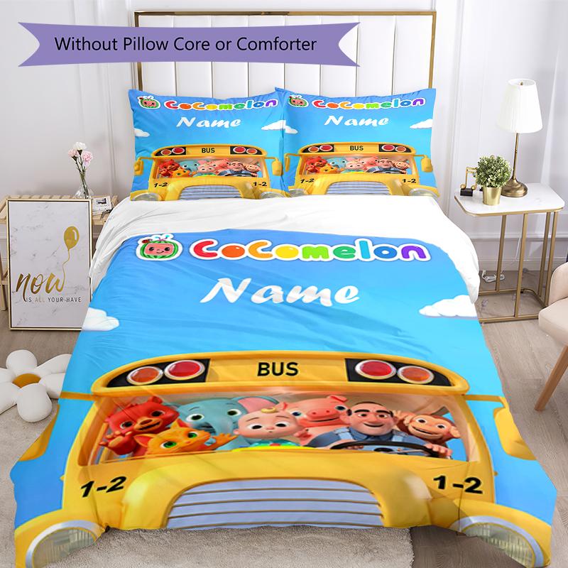 3pcs Custom Name CoComelon Bedding Set Duvet Cover Closure Includes 1 Duvet Cover & 2 Pillowcases, Soft and Comfortable for All Seasons.