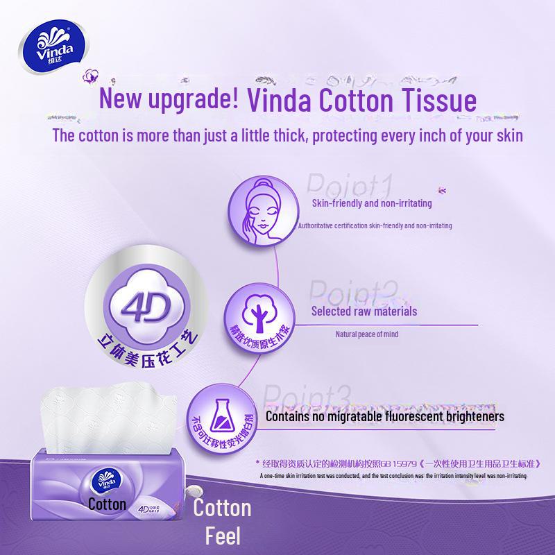 Vinda 3D Косметическая салфетка: Упаковка из 24 хлопковых мягких, прочных бытовых салфеток для лица и туалета, код S, по 90 листов каждая