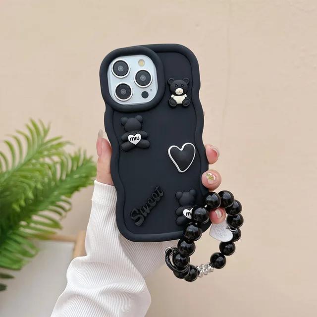 S24U S23FE S21FE A55 A54 A53 Cute Love Bear Hand Strap Wave Phone Case For Samsung Galaxy A35 A34 A33 A25 A24 Shockproof Cover