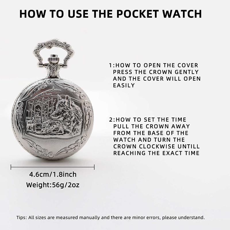 Classic Vintage Silvery Wolf Pocket Watch with Necklace Chain Cool Pendant Clock Gift for Women Men