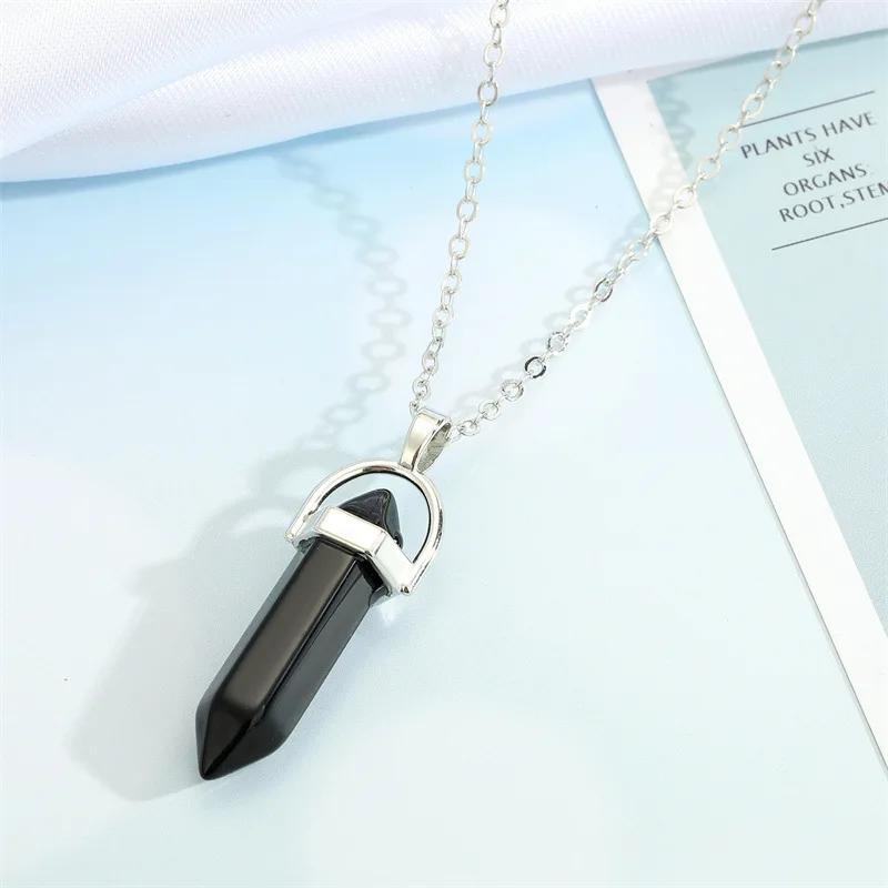 Hexagonal Column Pointed Reiki Chakra Natural Stone Pendant Necklace Women Girl Gift18inch Chain Lapis Opal Chunky Jewelry