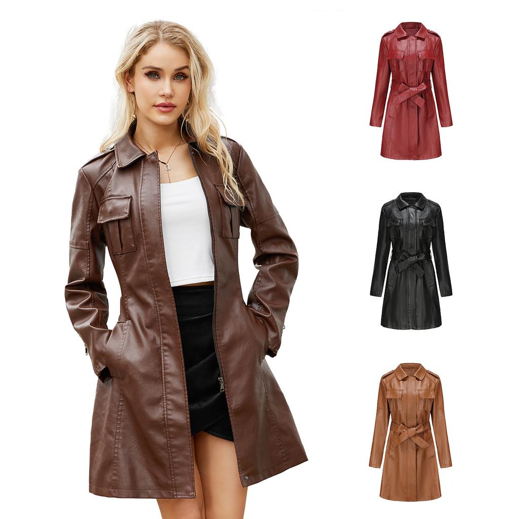 Women's PU Leather Trench Coat with Belt, Multi-Color Mid-Length Lapel Leather Jacket for Women, Fashionable European and American Style Outerwear