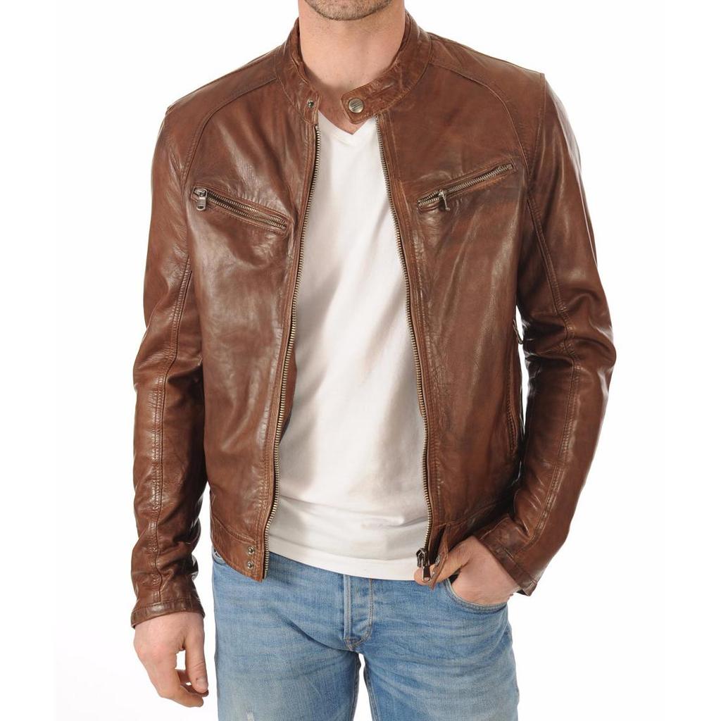 SKINOUTFIT Мужская куртка из натуральной овчины цвета загара, стильная байкерская куртка-бомбер MJ 21