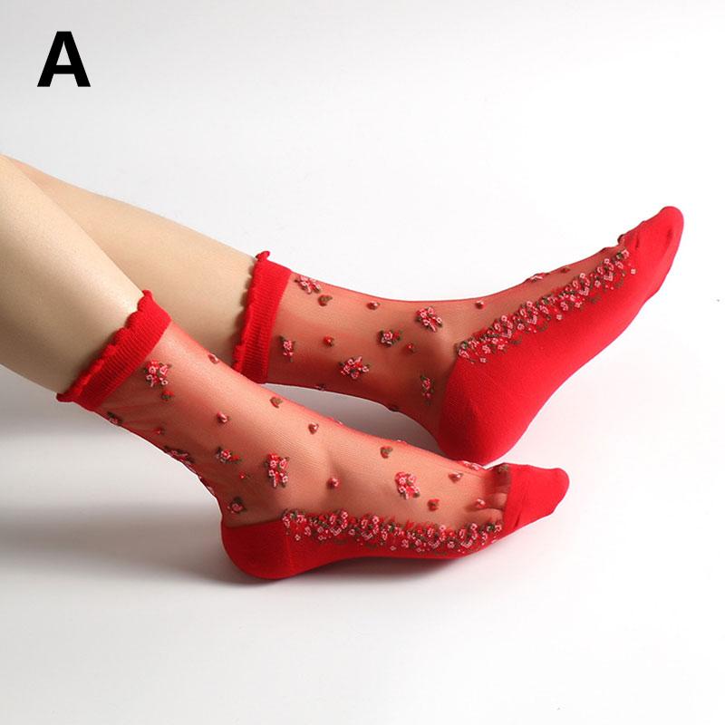 Women's Elastic Cotton Socks Transparent Floral Summer Thin Sheer Non-slip