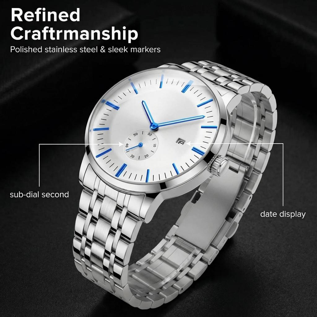 Waterproof Quartz Watch with Stainless Steel Strap and Date Display Men's (White)