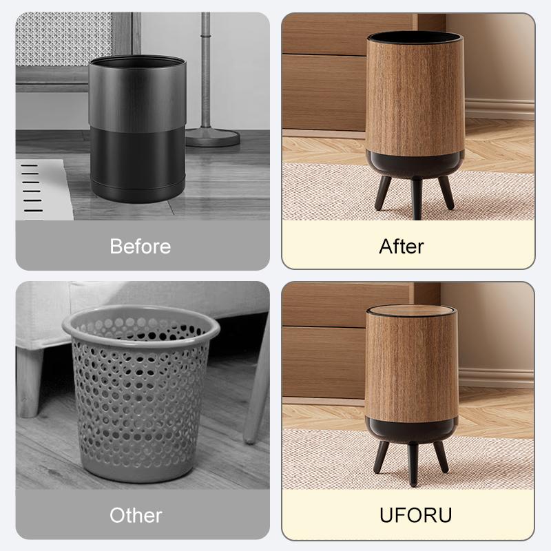 Wood-grain trash cans, classic-style trash cans with stands, shell-shaped trash cans that resist warping—perfect for the living