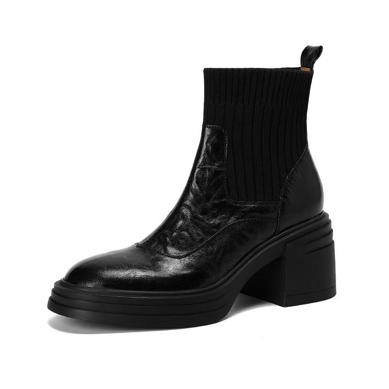 Fashion 2026 Winter Knitted Stretch Boots Women Luxury Genuine Leather Splicing Design Ankle Boots Comfortable Warm Sock Botas for Women