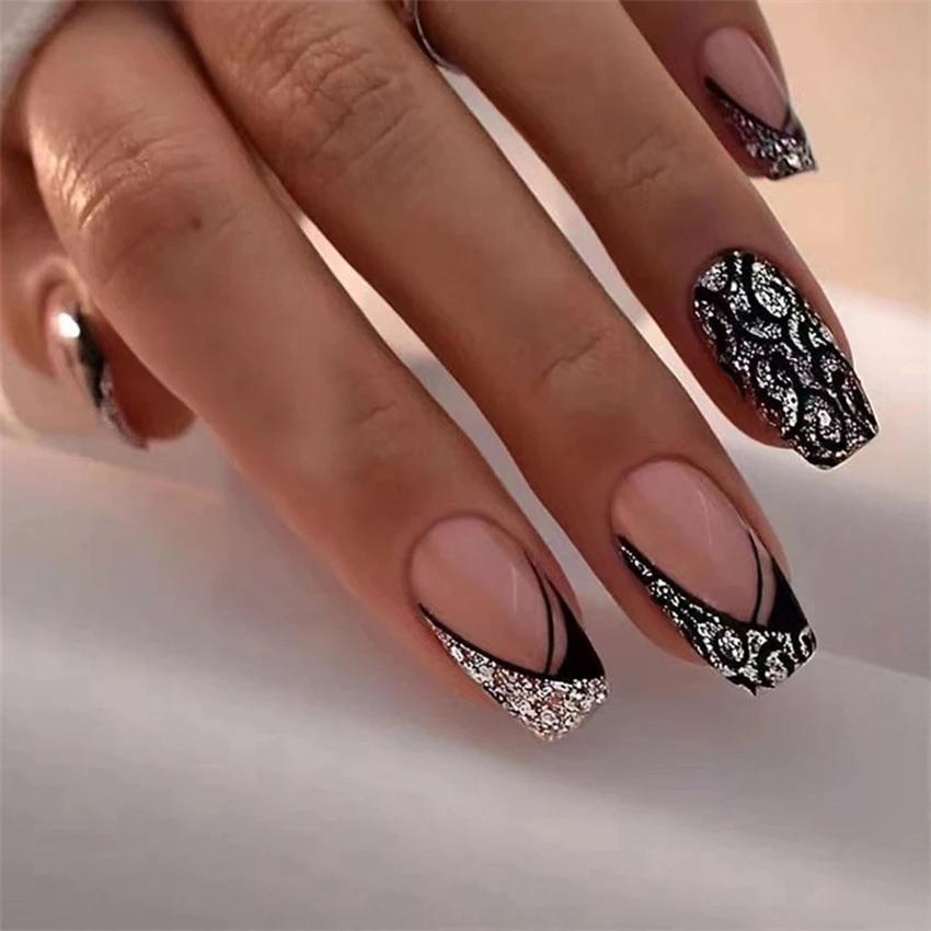 24 шт. Средние длинные акриловые накладные ногти Французский тип Набор искусственных ногтей Съемные искусственные кончики ногтей для женщин