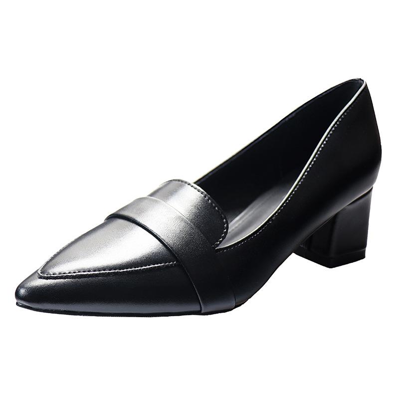 Черные кожаные туфли на среднем каблуке с грубым каблуком, женские рабочие туфли, одинарные туфли