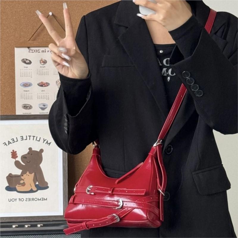 JIAERDI Hot Girl Retro Red Underarm Biker Bag Women PU Leather Large Capacity Belt Handbag Fashion Trend Versatile Shoulder Bags