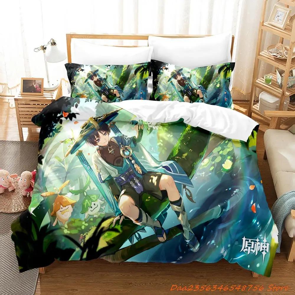 Sale Game Genshin Impact Scaramouche Bedding Collection Cartoon Anime ThreePiece Set Adult Kid Bedroom Duvetcover Collections 3D Kawaii