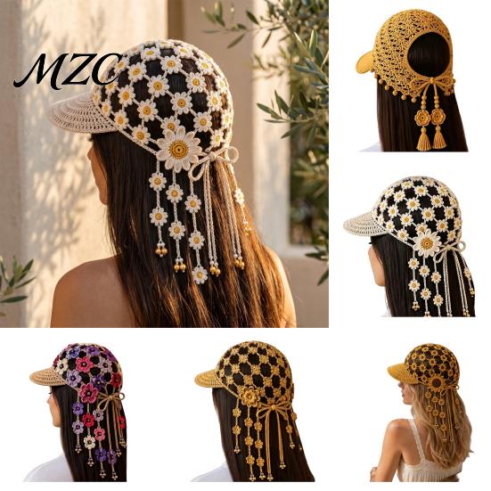 Bohemian Style Sun Hat Hand Crocheted Sunflower Baseball Cap, Tassel Bell Hat, Handmade Knit Cutout Floral Short Brim Cap Beanie Caps, Colored Casual