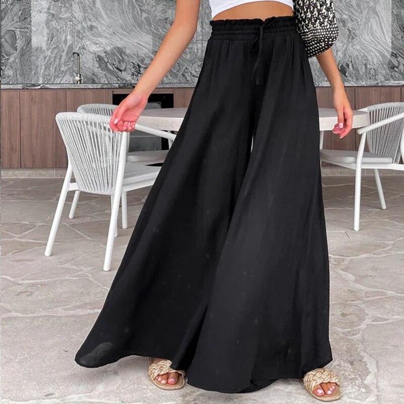 Summer Elastic Waist Edible Tree Fungus Trousers Fashion Loose Pocket Drawstring Pants Casual Solid Green Wide Leg Pants 25550