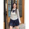 Achai's Plus size JK Chubby Girl Original Preppy White Long Short Sleeve Waist Hugging Shirts Blue Plaid Pleated Skirt Set