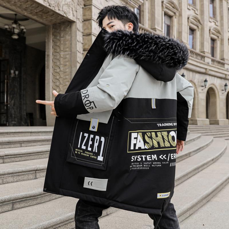 Мужская повседневная зимняя куртка-пуховик средней длины, пальто с капюшоном и воротником из искусственного меха, наполнитель из белого утиного пуха, длинный рукав, застежка-молния