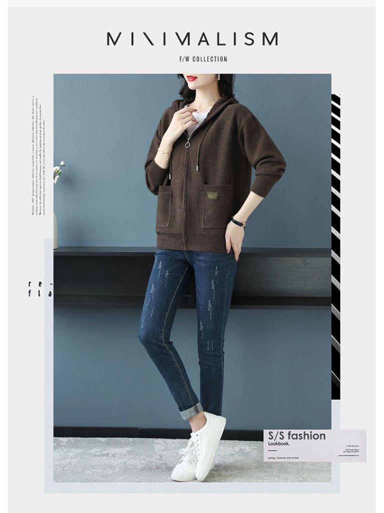 Women's Hooded Zipper Cardigan: 2025 Spring/Autumn Korean Style Casual Knit Sweater