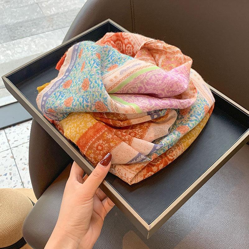 2025 spring and summer new rainbow celebrity style cotton and linen silk scarf female mother elegant commuter air-conditioned room shawl fashion