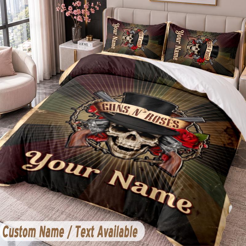 Guns N’ Roses Printed Bedding Set Custom Name Text 1 Duvet Cover 2 Pillowcases For Bedroom
