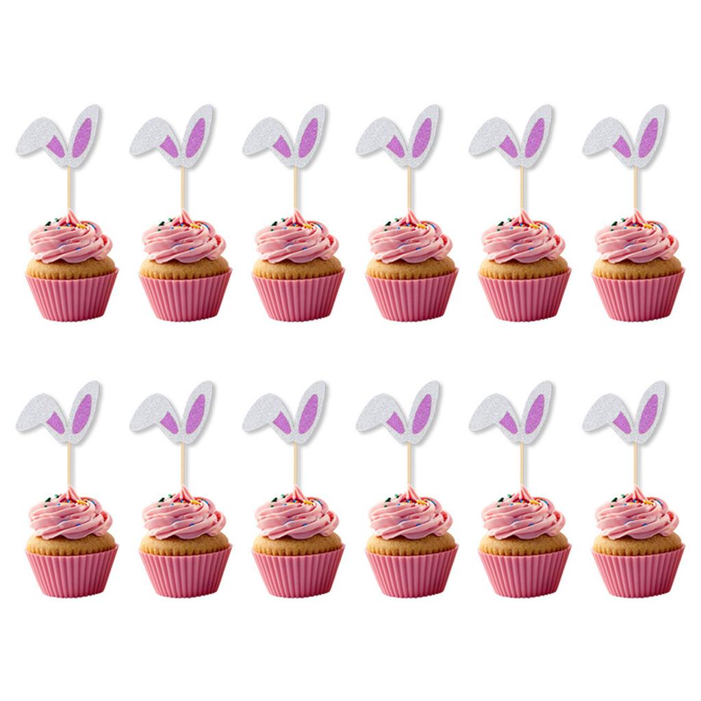 12Pieces Rabbits Ear Cupcake Toppers Easters Cake Decoration Set Easters Cake Picks Set Suitable for Party Celebration
