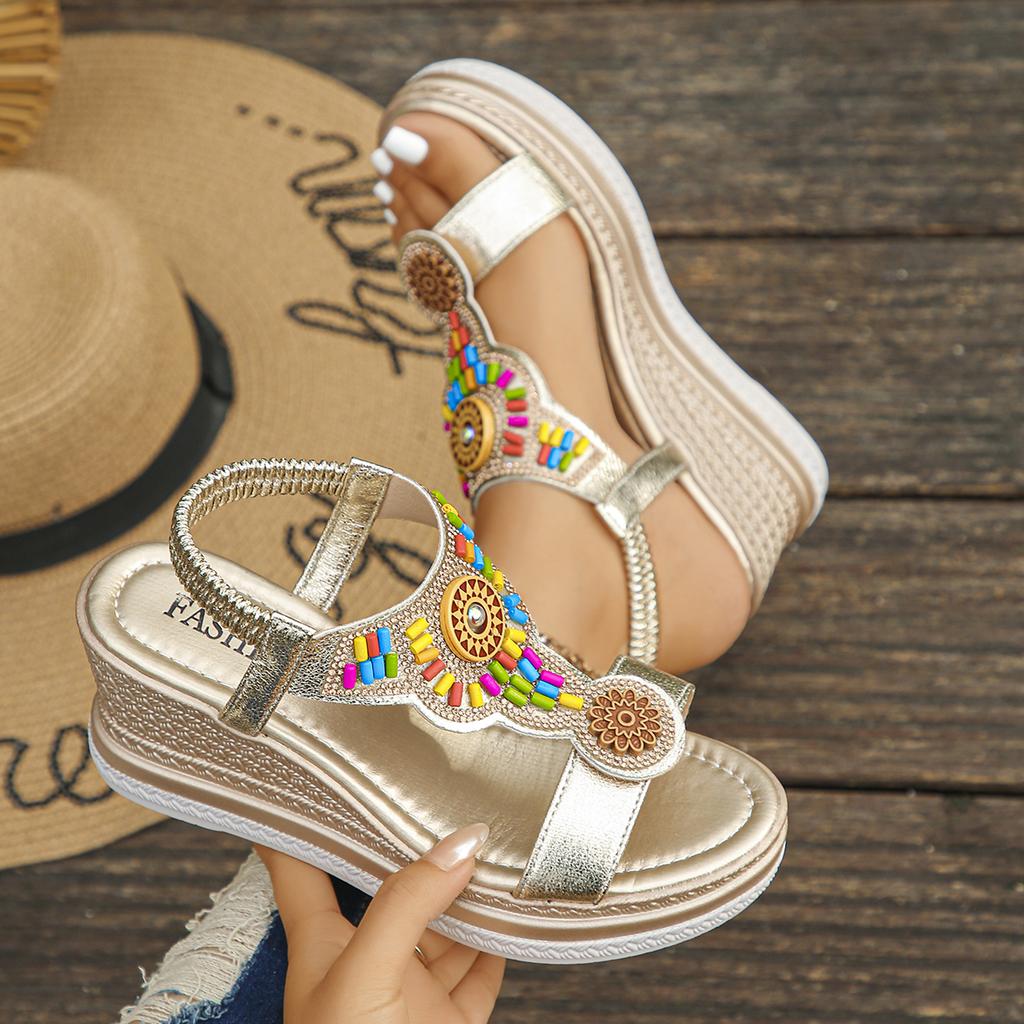 Fashion Women Sandals Bohemian Style Wedge Sandals Summer Thick Sole Non Slip Beach Shoes Woman Colorful Bead Chunky Platform Sandals