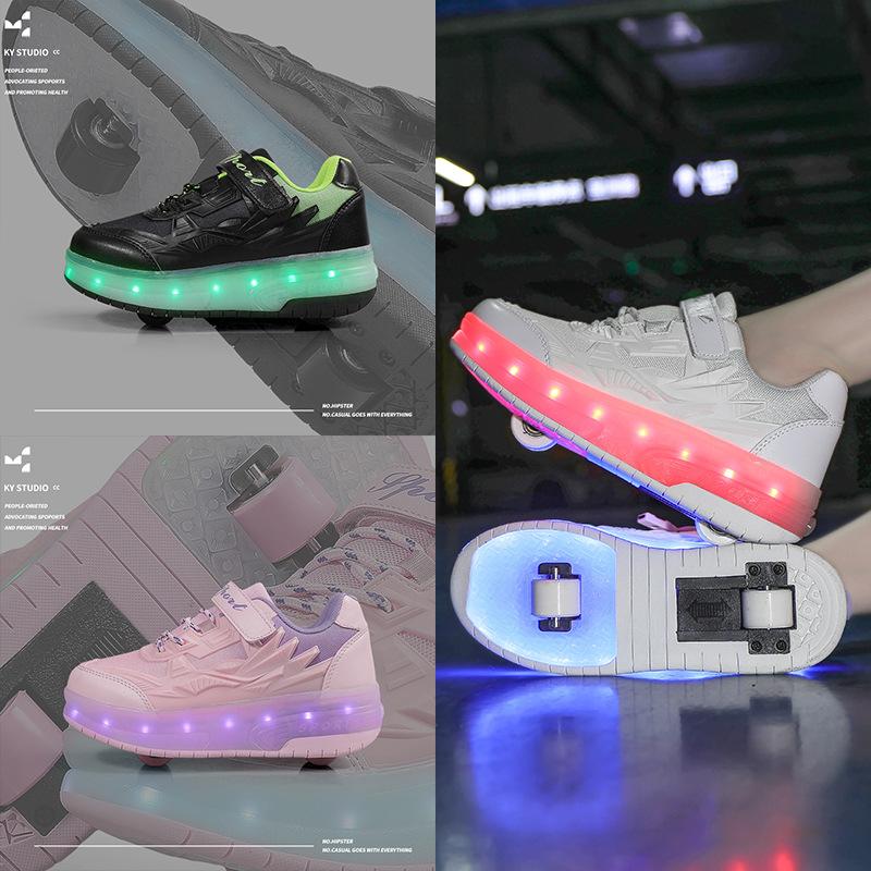 Детская светящаяся обувь, двухколесные беговые дорожки, четырехколесные роликовые коньки, перезаряжаемые взрослые колеса, шнурки, фонари, мужская и женская спортивная обувь