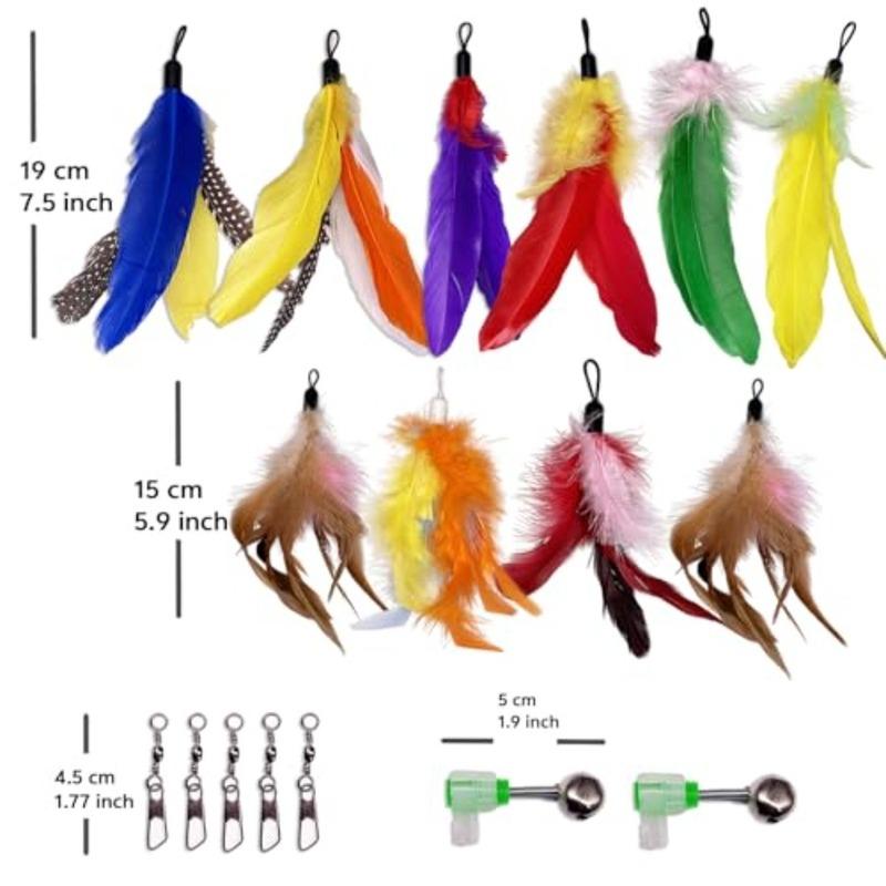 10 Pieces Cat Feather Toy Refills, Cat Wand Replacement Feathers Toys with Clip and Removable Bell, Wand Attachment Feather Toy